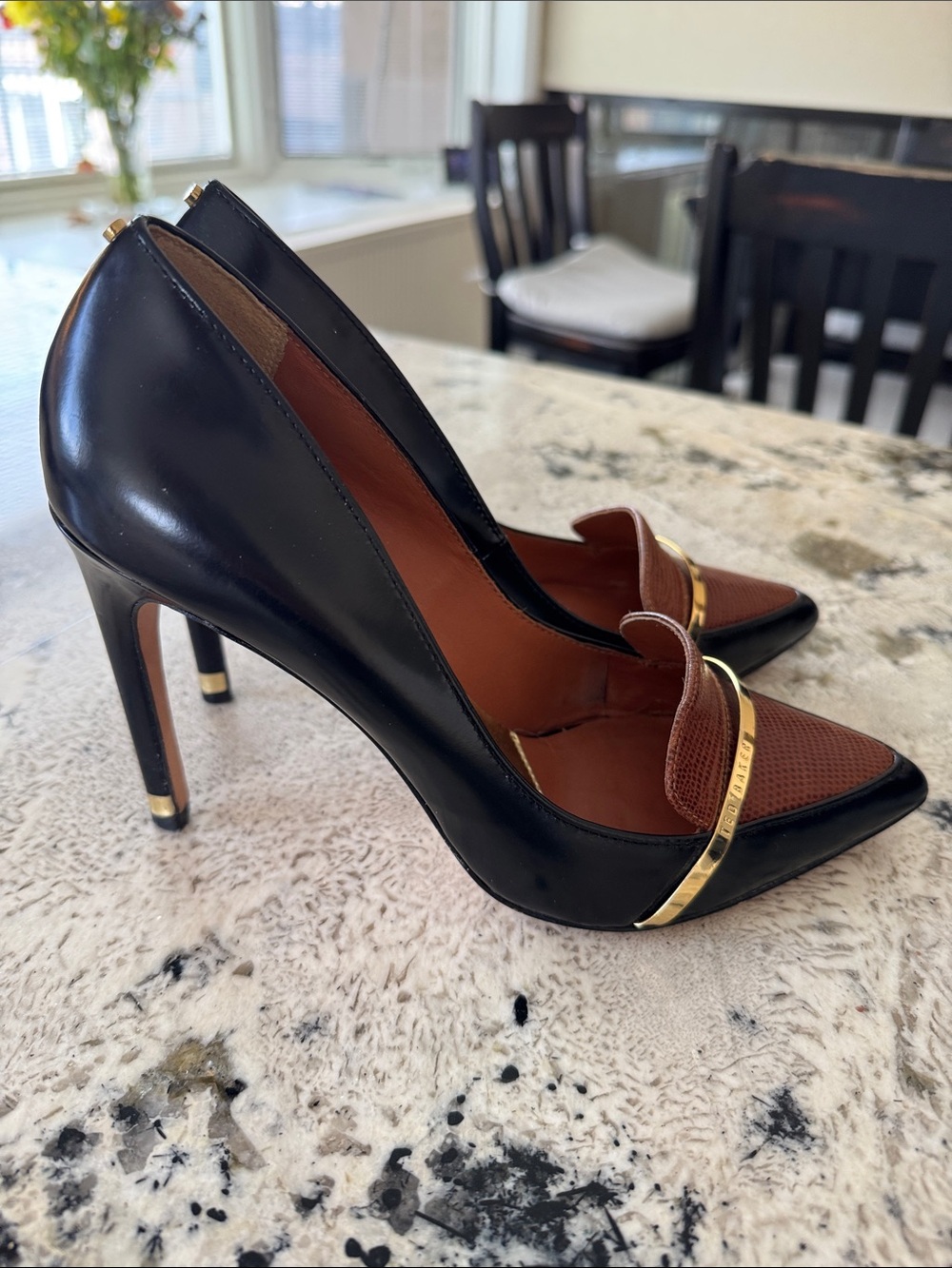 Ted Baker Black and Brown Pointed Toe Heels with Gold Trim - Picture 2 of 12